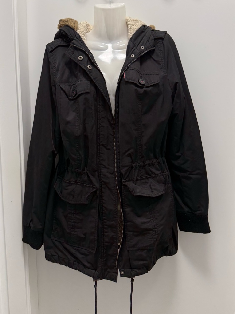 Levi's Black Hooded Sherpa-Trim Utility Jacket Size M